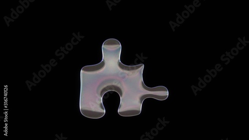 3D rendering of distorted transparent soap bubble in shape of symbol of puzzle piece isolated on black background