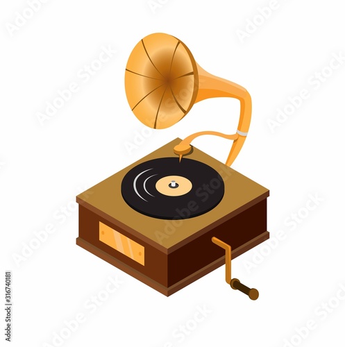 gramophone isometric, classic audio music player device wooden box with vinyl record cartoon flat illustrtion vector 