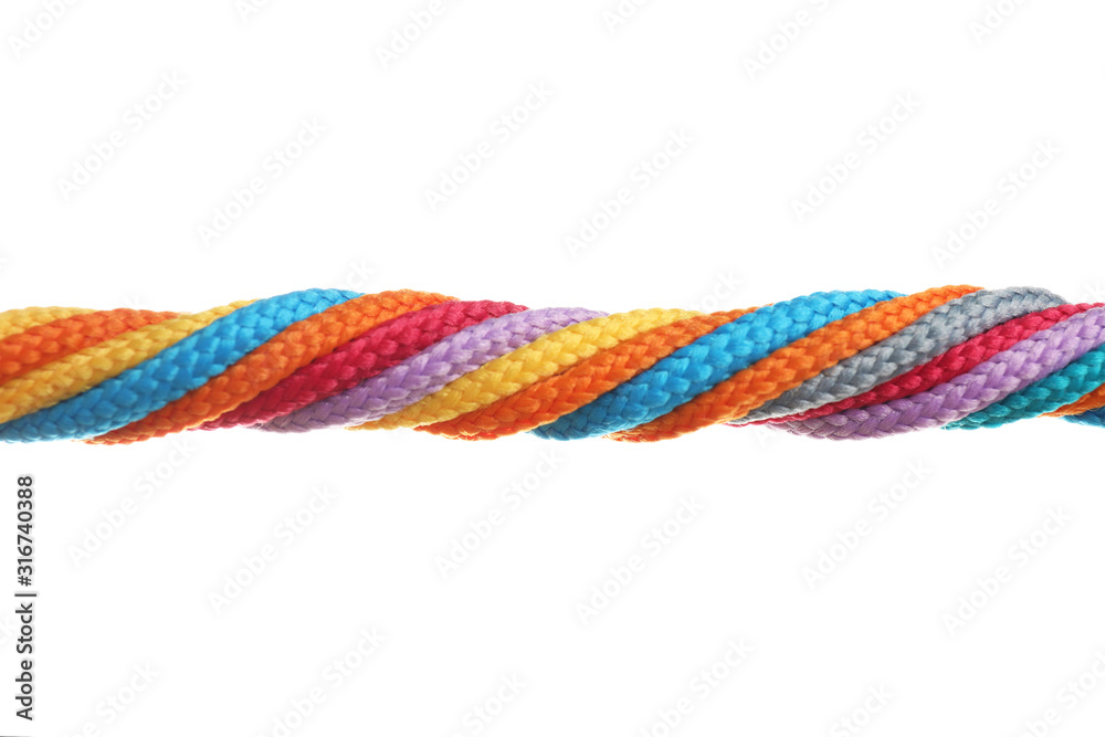 Twisted colorful ropes isolated on white. Unity concept Twisted colorful ropes isolated on white. Unity concept