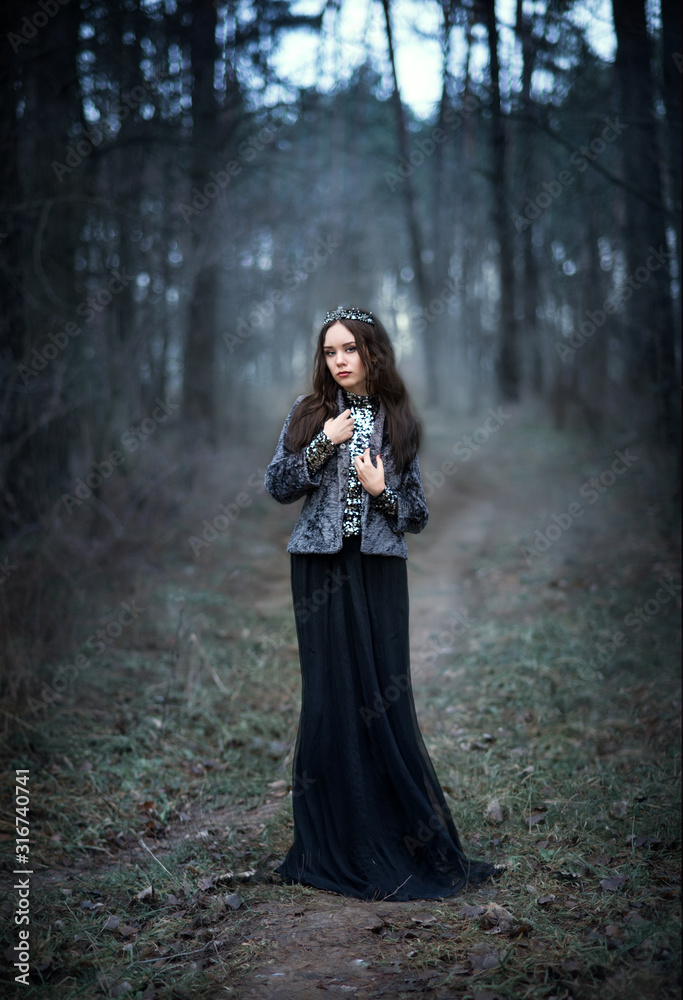 A girl in the image of the dark Queen, a Gothic Princess. In a crown and a long dark outfit in a dark forest. Mystical image A girl in the image of the dark Queen, a Gothic Princess. In a crown and a long dark outfit in a dark forest. Mystical image