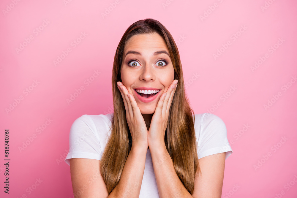 Close up photo of impressed enthusiastic girl hear wonderful black friday sales news touch face hands shout wear good looking clothes isolated over pink color background Close up photo of impressed enthusiastic girl hear wonderful black friday sales news touch face hands shout wear good looking clothes isolated over pink color background