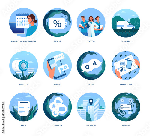 Magnetic resonance imaging website colored icons. Medical research