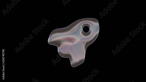 3D rendering of distorted transparent soap bubble in shape of symbol of rocket isolated on black background photo