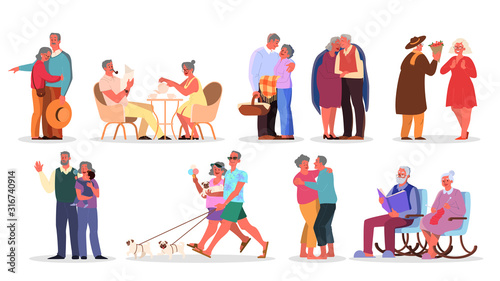 Old couple set. Elderly people spend time together and with family.