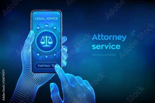 Labor law, Lawyer Attorney at law, Legal advice concept on smartphone screen. Internet law and cyberlaw as digital legal services or online lawyer advice. Closeup smartphone in wireframe hands. Vector