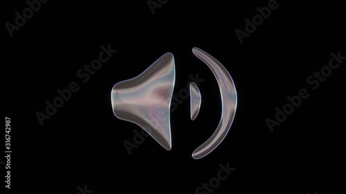 3D rendering of distorted transparent soap bubble in shape of symbol of sound isolated on black background
