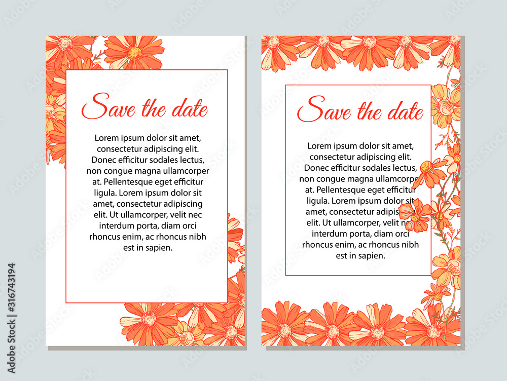 Naklejka premium Happy birthday card. Set of wedding invitation cards. Set of romantic vector cards with hand drawn flowers