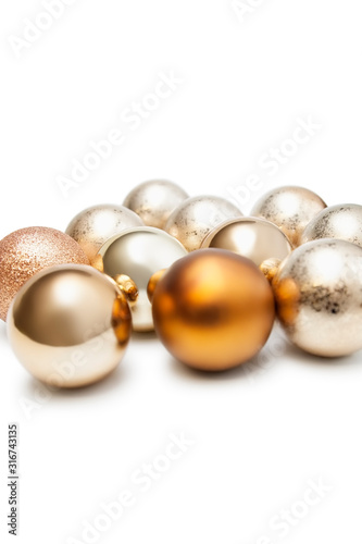 Group of Christmas baubles over white background