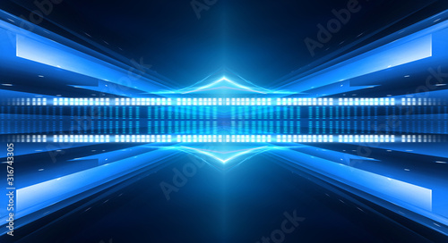 Dark background with lines and spotlights, neon light, night view. Abstract blue background. Light tunnel, blue background.