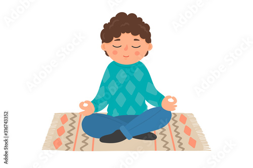 Child meditation. Little boy sitting in lotus pose. Cute yoga, mindfulness, relax vector illustration isolated on white background.