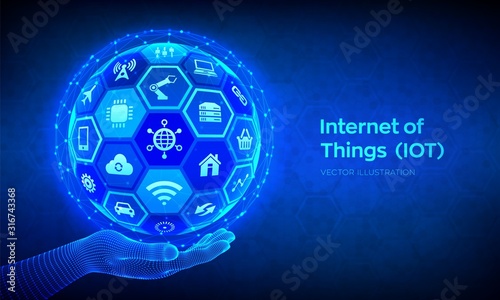 IOT. Internet of things concept. Everything connectivity device concept network, and business with internet. Abstract 3D sphere or globe with surface of hexagons in wireframe hand. Vector illustration