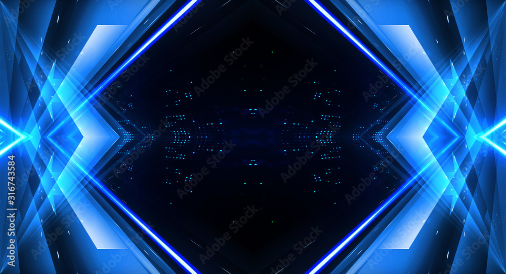 Fototapeta premium Dark background with lines and spotlights, neon light, night view. Abstract blue background. Light tunnel, blue background.