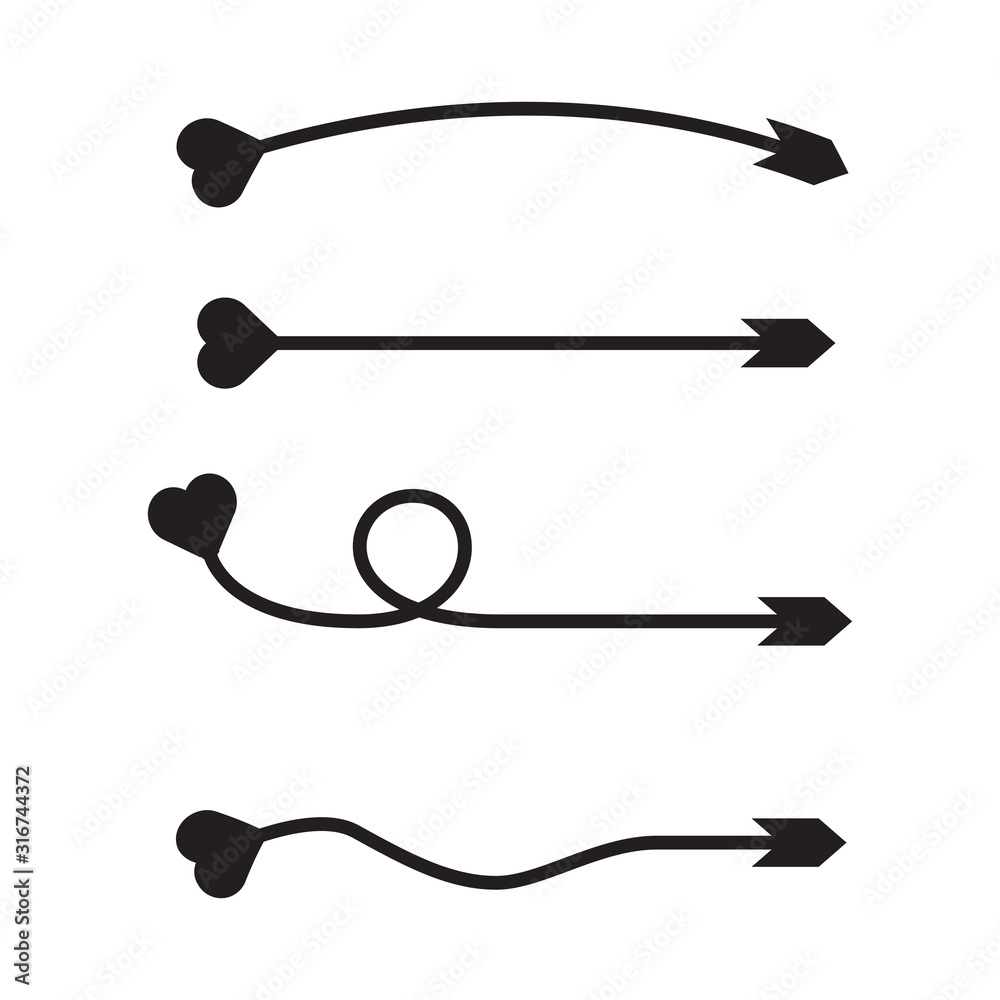 curved arrows heart tail, bow head vector set curved arrows heart tail, bow head vector set