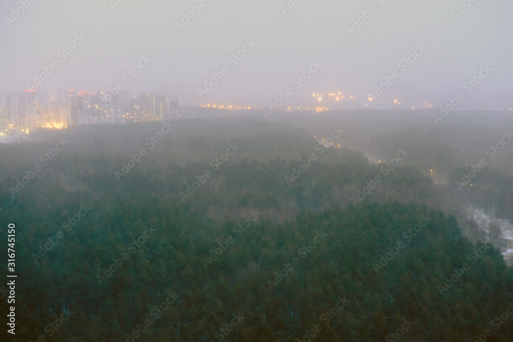 Blurred background with a forest in a snowstorm and the city behind it
