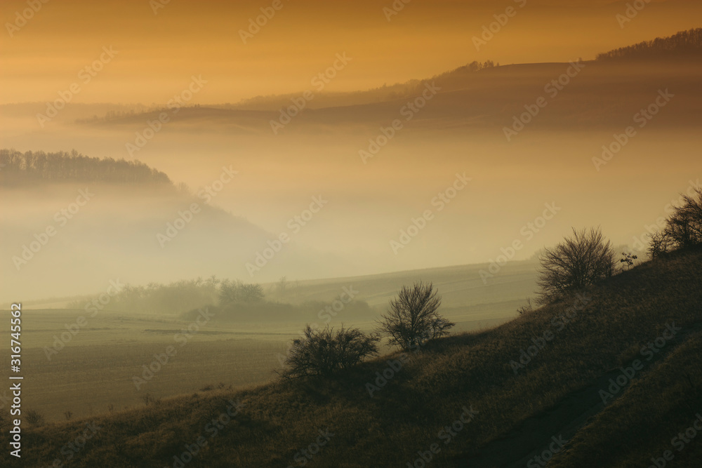 morning landscape with hills in fog, colorful sunset landscape