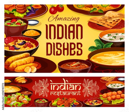 Indian cuisine restaurant menu, traditional India gourmet food dishes. Vector Indian authentic breakfast and dinner meals of with vegetables and curry rice, meat and fish with curry rice