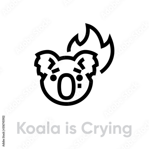 Koala is Crying on Fire vector icon. Editable line illustration