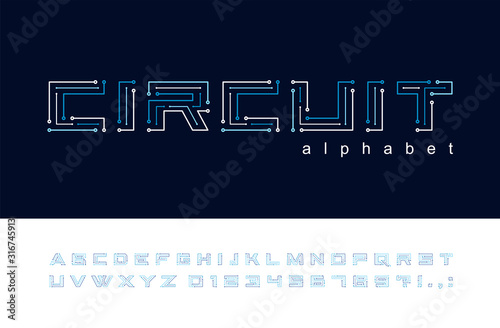 Circuit board geometric font. Digital technology, futuristic, future techno alphabet. Letters and numbers for computer electronic chip, tech logo design. Modern blue color minimalistic vector typeface