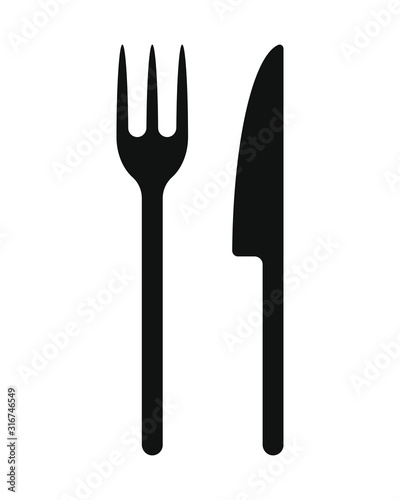 Fork and knife icon symbol. Simple shape logo. Black silhouette isolated on white background.