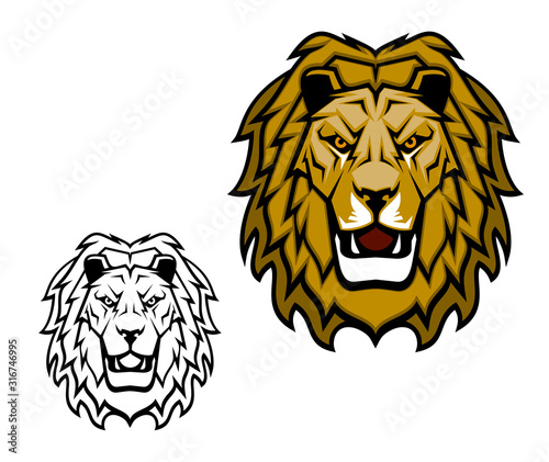 Lion head mascot. King of animal, african safari, sport club or heraldic vector symbol. Savannah wild cat roaring showing teeth, fangs and brown mane. Isolated cartoon sport mascot