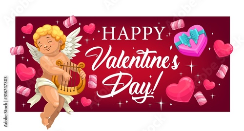 Cupid with lyre, hearts greeting banner of love holiday. Vector amur or cherub playing lyre, romantic gift or present box, ribbon, bow and red hearts, candies, angel wings and marshmallows