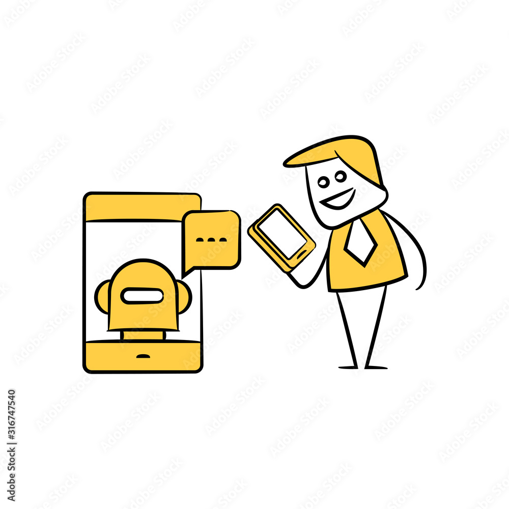 businessman using smartphone chatting with chat bot yellow stick figure theme