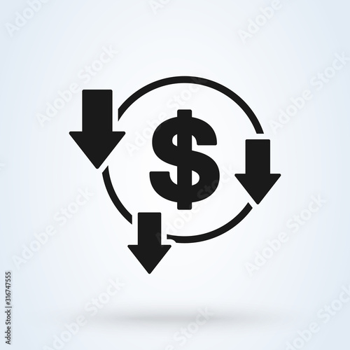 decrease reduce dollar. vector Simple modern icon design illustration.