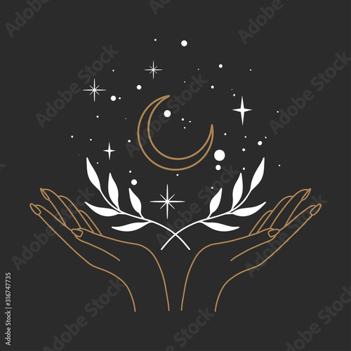 Vector abstract logo design template in trendy linear minimal style - hands , moon and sun - abstract symbol for cosmetics and packaging, jewellery, hand crafted or beauty products