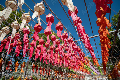 Colorful of Thai Lanna style lanterns to hang in front of the temple for the Yi Peng festival.