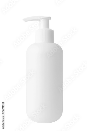 White cosmetic bottle with dispenser without a label on a white background. Bottle for mockup, copyspace, minimalism. The concept of beauty, cosmetology.