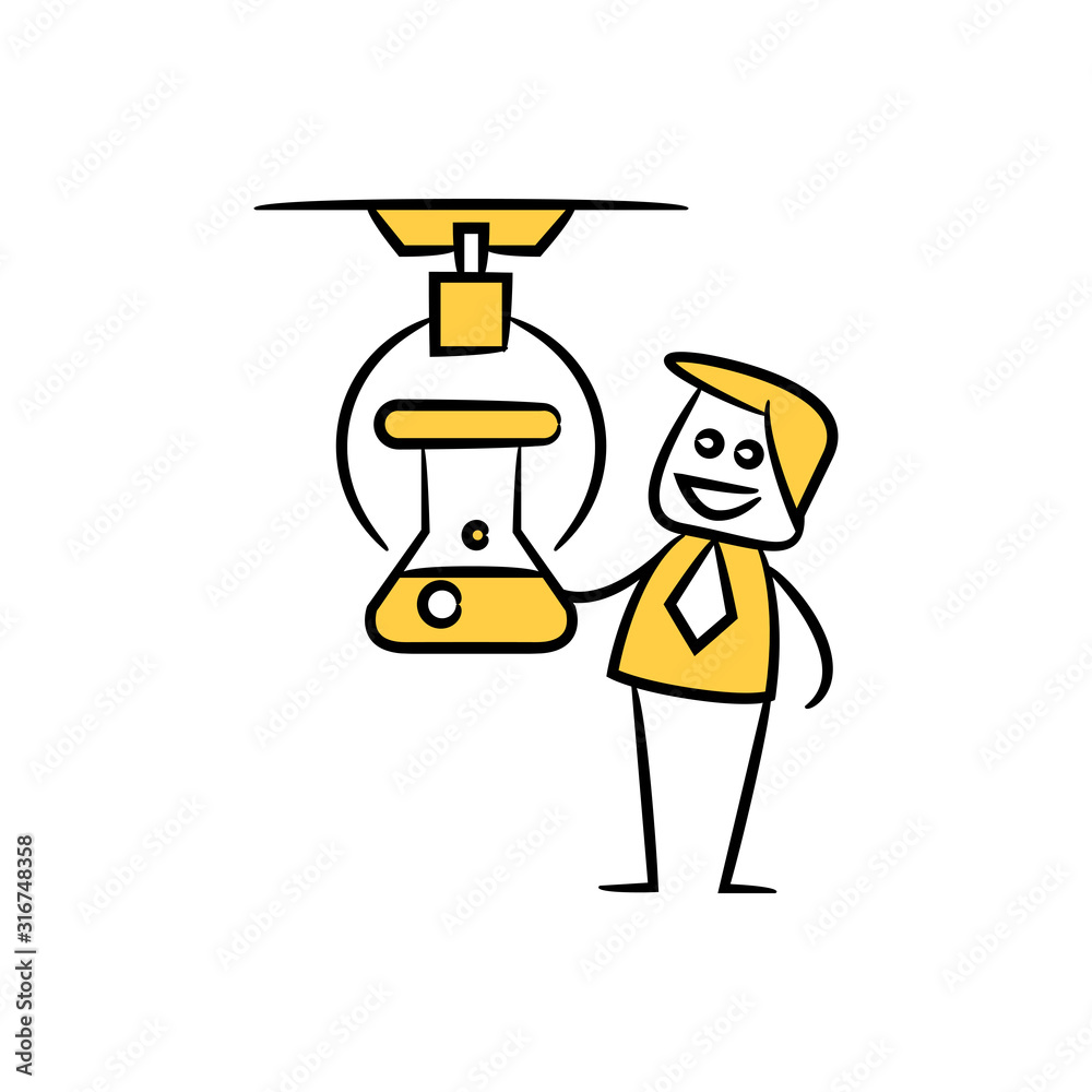 businessman and lab flask yellow stick figure and doodle man
