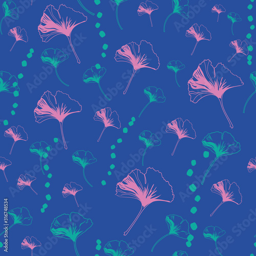 Vector seamless pattern ginko wax with pink ginkgo leaves, turquoise dots