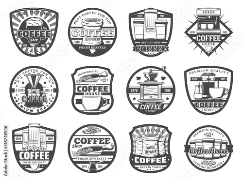 Coffee brewing shop, cafeteria isolated vector icons. Morning drink in turk, latte or americano, coffee grinder mill. Grinding machine and pot, beans in sack, takeaway paper or glass cups