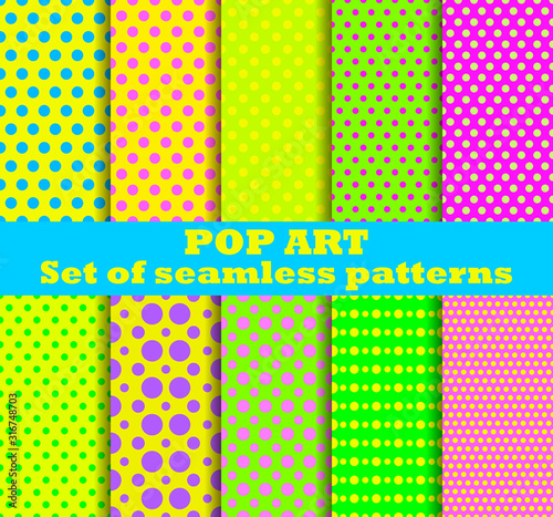 Pop Art seamless pattern set. Dotted pop art background in retro style. Vector illustration