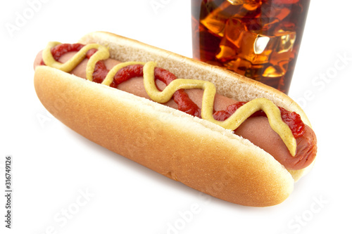 фотографія American hotdog with cola drink isolated on white