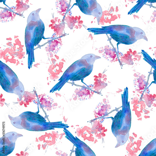 Seamless pattern: hand-drawn watercolor bird on a branch. Background is isolated. image resolution 300 dpi