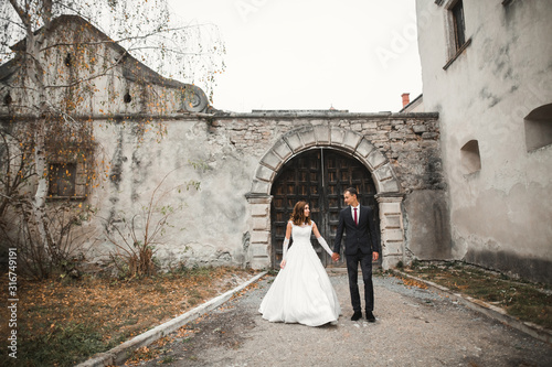 Wedding couple holding hands, groom and bride together on wedding day © olegparylyak