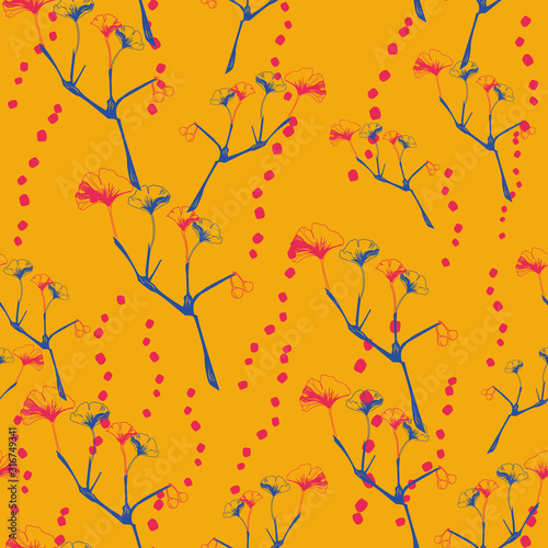Vector seamless pattern ginko wax with blue ginkgo leaves and branches, red dots