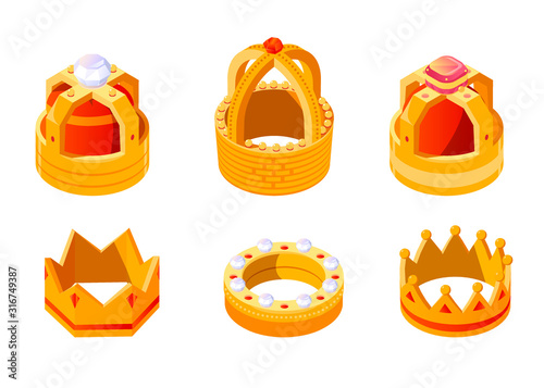 Isometric golden crowns with gems for king or queen set isolated on white background. Crowning headdress for Monarch. Royal gold monarchy medieval coronation imperial symbol, 3d vector illustration