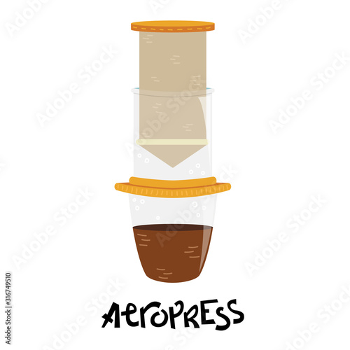 Flat vector aeropress. Alternative methods of brewing coffee. Coffee culture.