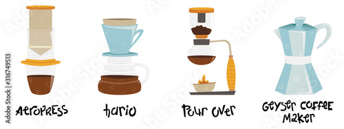 Set of 4 coffee makers for alternative methods of brewing. Coffee culture. Aeropress, hario, pour over, geyser coffee maker.