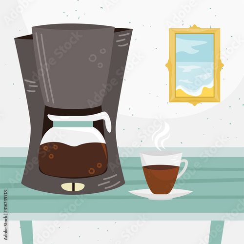 Flat vector coffee maker and a cup of coffee on the table. Alternative methods of brewing coffee. Coffee culture.