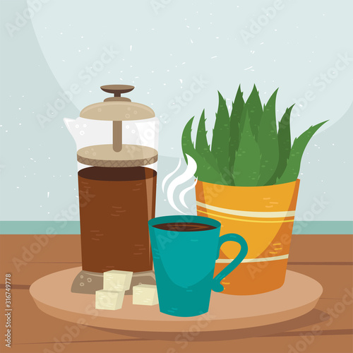 Flat vector french press with a cup of coffee and plant in the pot on the table. Alternative methods of brewing coffee. Coffee culture.