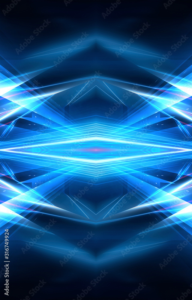 Abstract blue dark background. Dark night scene with neon lines and rays. Dark light corridor. Symmetrical reflection, neon.