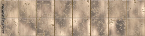Metal panel background. Metallic steel texture with minor damage. Long horizontal iron panel.