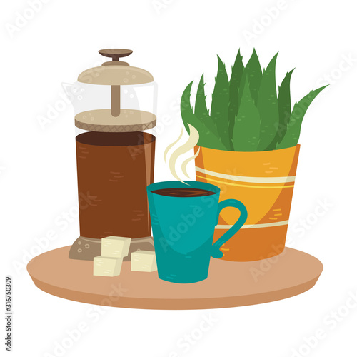 Flat vector french press with a cup of coffee and plant in the pot. Alternative methods of brewing coffee. Coffee culture.