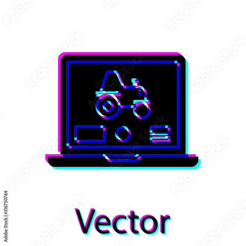 Black Laptop application for control a autonomous tractor on a smart farm icon isolated on white background. Smart agriculture implement. Vector Illustration