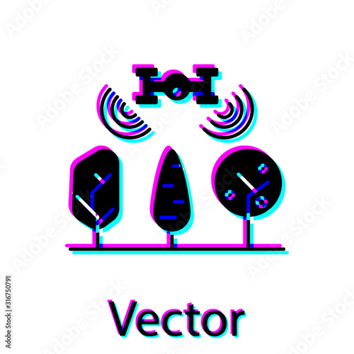 Black Smart farm with drone control and tree icon isolated on white background. Innovation technology for agricultural company. Vector Illustration