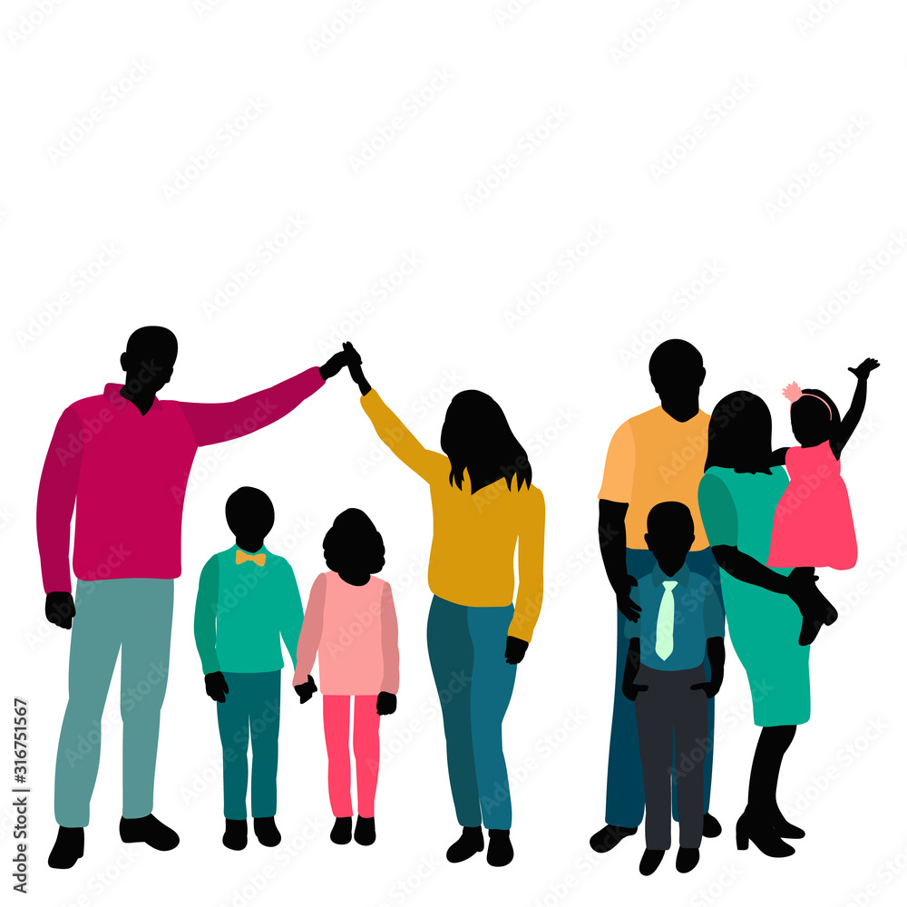 silhouette in colored clothes, family with children, mom and dad