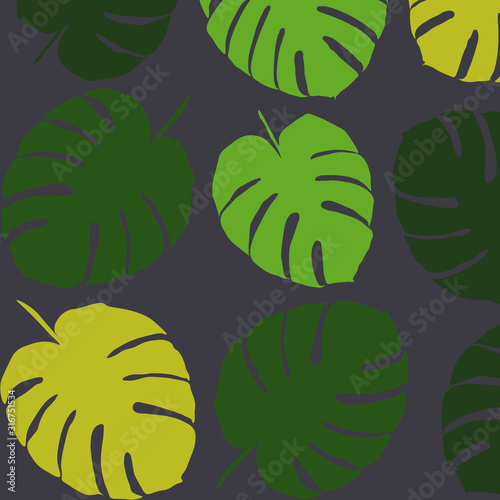 Tropic leaves pattern on black background. Seamless ornament for textile, wallpaper and cover design.   Vector illustration of philodendron leaf. Green and yellow monstera.